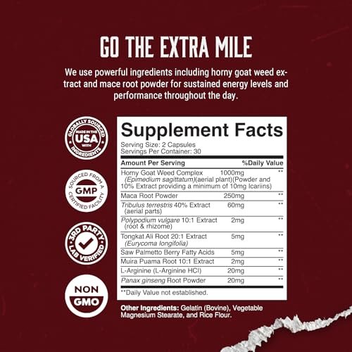 Horny Goat Weed Complex - Nahrungsergänzungsmittel für Männer, natürlicher Testosteron-Booster, Pre-Workout, Muskelwachstum, 60 Kapseln