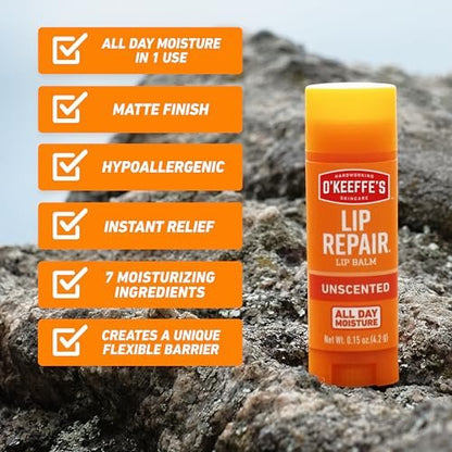 O'Keeffe's Lip Repair Unscented Lippenbalsam für trockene, rissige Lippen – 3er-Pack – Feuchtigkeitsspender für sehr trockene Lippen