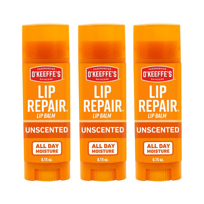O'Keeffe's Lip Repair Unscented Lippenbalsam für trockene, rissige Lippen – 3er-Pack – Feuchtigkeitsspender für sehr trockene Lippen