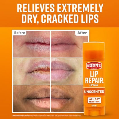 O'Keeffe's Lip Repair Unscented Lippenbalsam für trockene, rissige Lippen – 3er-Pack – Feuchtigkeitsspender für sehr trockene Lippen