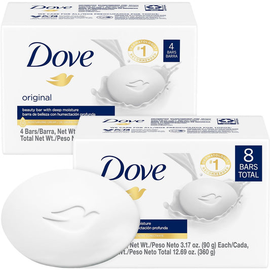 Dove Original Beauty Bar 2er-Pack (8 Stück) – 3-in-1 Feuchtigkeitsspendende Seife für Gesicht, Körper & Hände, 90 g pro Stück