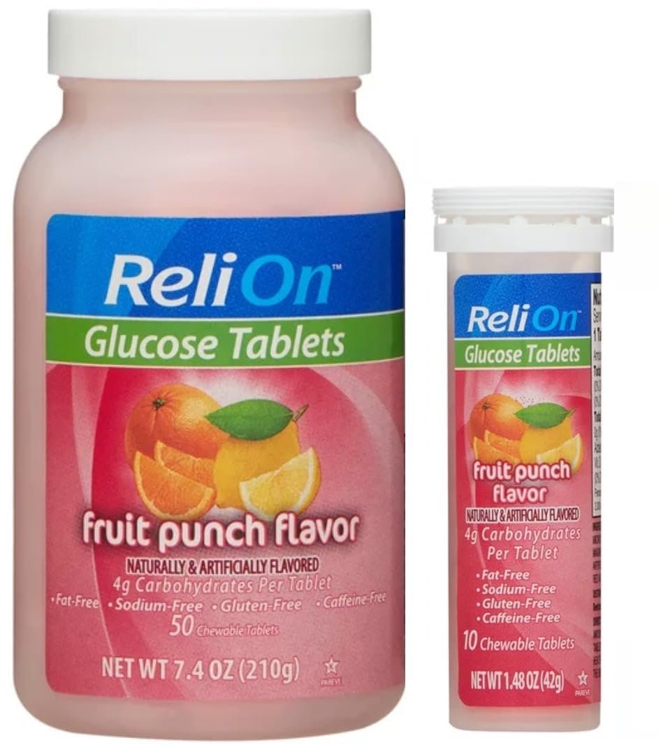 ReliOn Glucose Tabletten, 50 Stück mit On-The-Go Tube, 10 Tabletten (Fruchtpunsch-Geschmack)