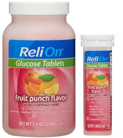 ReliOn Glucose Tabletten, 50 Stück mit On-The-Go Tube, 10 Tabletten (Fruchtpunsch-Geschmack)