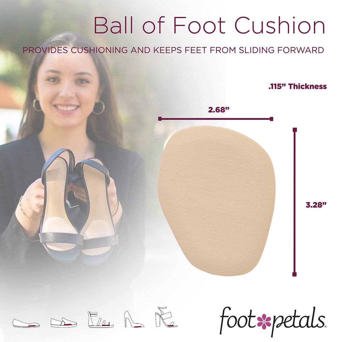 Foot Petals Ball of Foot Cushions – Metatarsal-Pad für langanhaltenden Komfort, verhindert Zehenrutschen und Überhang – für Damenabsätze – 3 Paar (Packung mit 3)