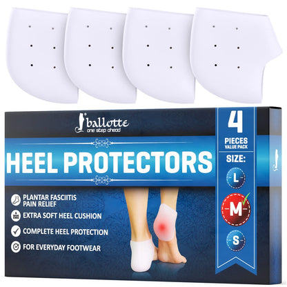 Ballotte Premium Silikon-Fersenkissen – Gel-Fersenpolster für Damen & Herren – Fußbettentlastung & Blasenprävention – Gepolsterte Sohleneinlagen bei Plantarfasziitis – Weiche Silikonsocken (Medium, 4er-Pack)