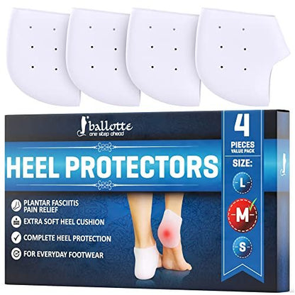 Ballotte Premium Silikon-Fersenkissen – Gel-Fersenpolster für Damen & Herren – Fußbettentlastung & Blasenprävention – Gepolsterte Sohleneinlagen bei Plantarfasziitis – Weiche Silikonsocken (Medium, 4er-Pack)