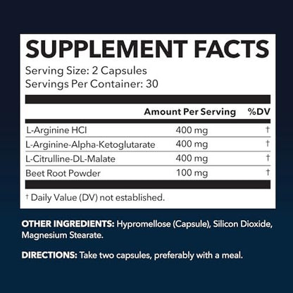 L-Arginin Kapseln mit L-Citrullin - Stickstoffmonoxid-Supplement - L-Arginin und L-Citrullin Mischung - 60 Stück - Vegan, Nicht-GVO Kapseln für Leistung, Ausdauer und Muskelunterstützung - 1 Monatsvorrat