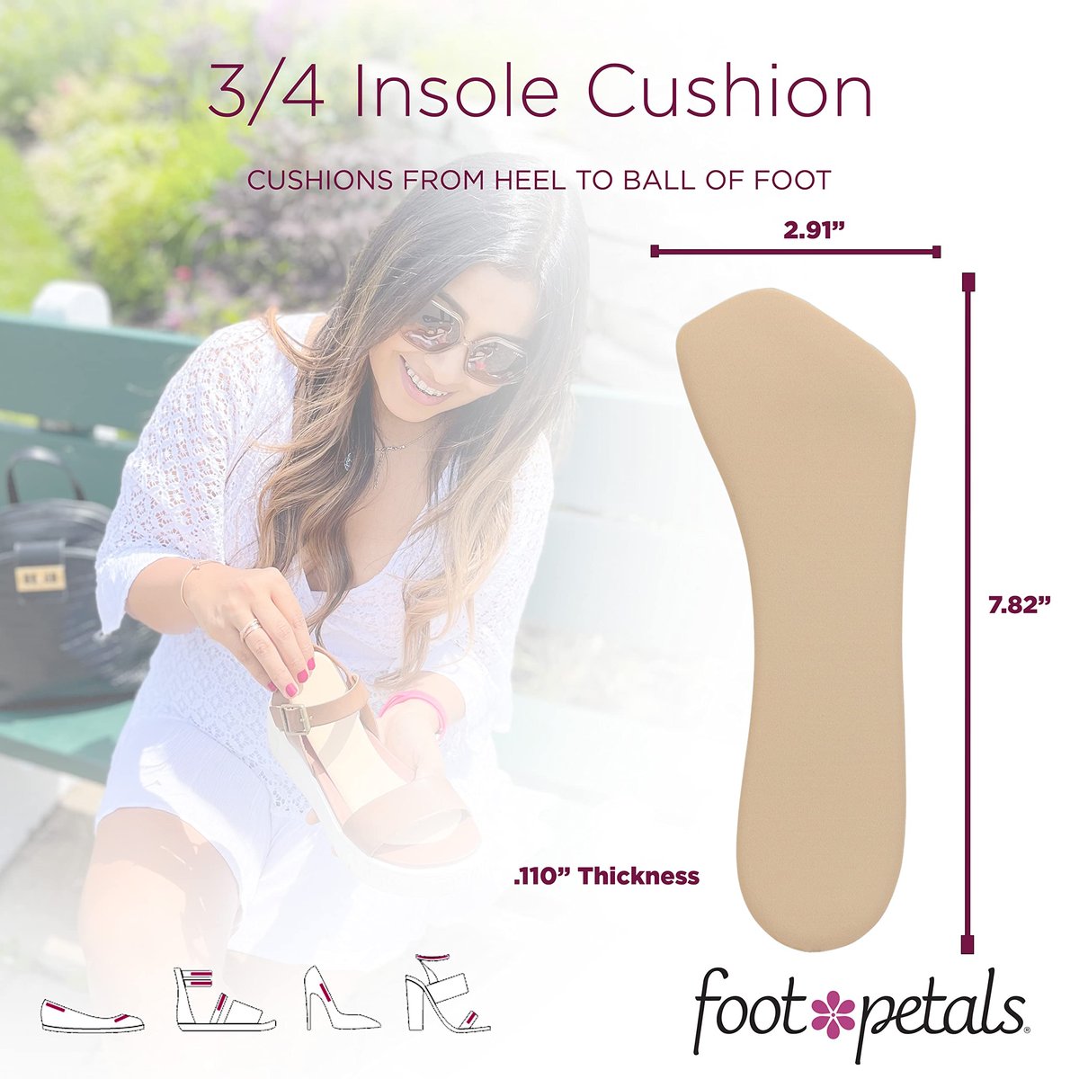 Foot Petals 3/4 Einlegesohlen – verhindert das Vorrutschen der Füße, Schutz vor Druckstellen, für Damenabsätze, Keilabsätze, Sandalen, 1 Paar, Khaki