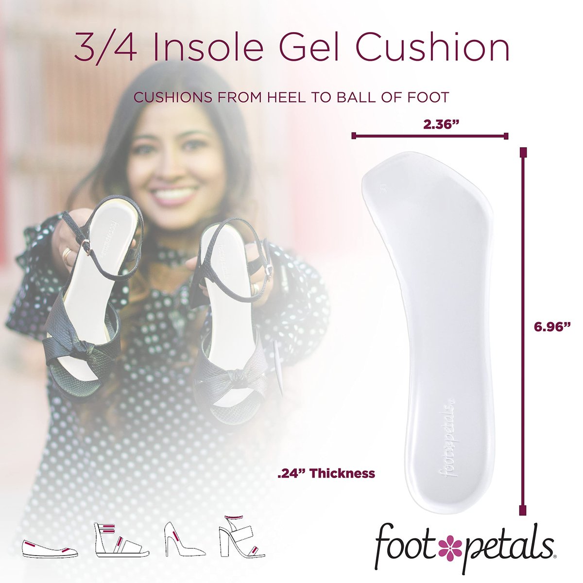 Foot Petals 3/4 Einlegesohlen – Gel-Polster gegen Vorrutschen und Hornhautbildung für Damenabsätze, Keile, Sandalen (1 Paar, Transparent)