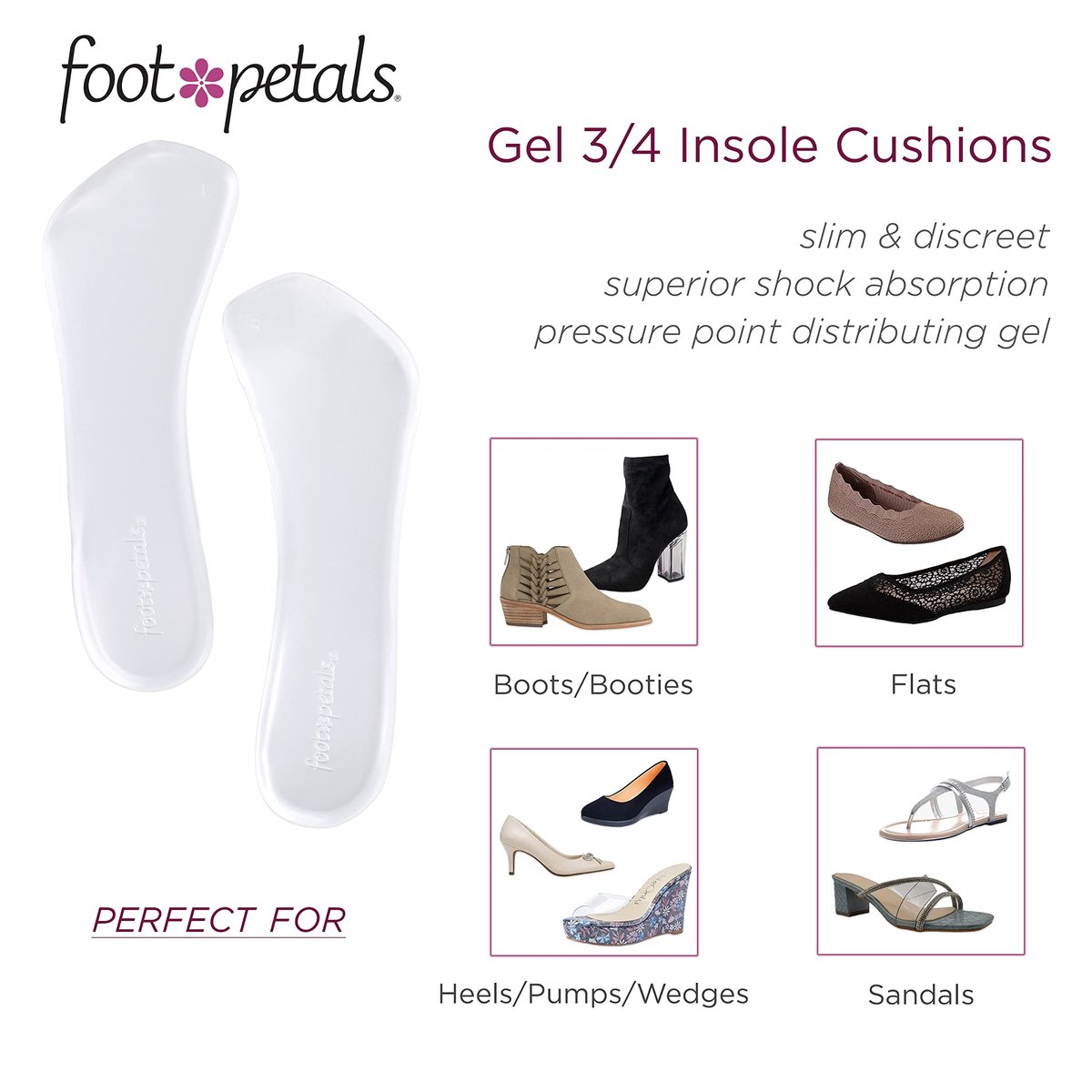 Foot Petals 3/4 Einlegesohlen – Gel-Polster gegen Vorrutschen und Hornhautbildung für Damenabsätze, Keile, Sandalen (1 Paar, Transparent)