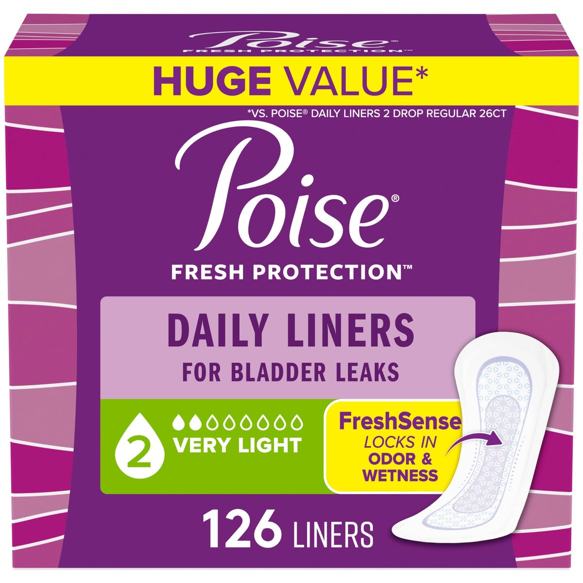 Poise Daily Liners – Einlagen bei Blasenschwäche, sehr leichte Saugfähigkeit (2 Tropfen), reguläre Länge, 126 Stück, Verpackung kann variieren