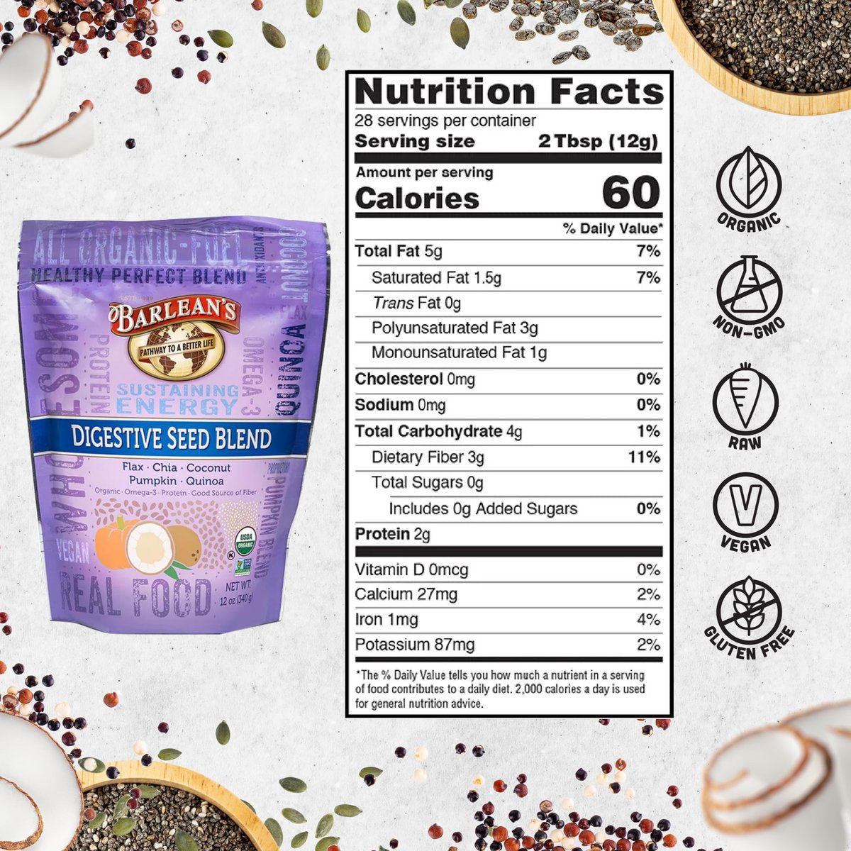 Barlean's Bio Organic Digestive Seed Blend Ballaststoffe mit Chia, gemahlenen Leinsamen, Kürbiskernen, Quinoa und Kokosnuss, reich an Omega-3 und Ballaststoffen, 340 g
