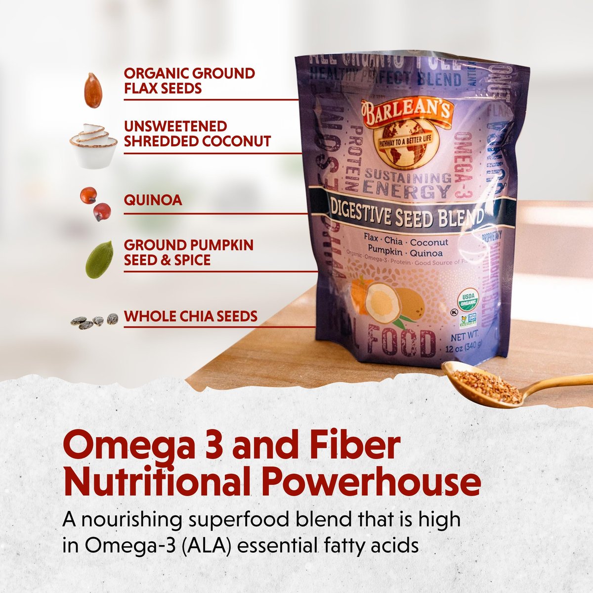 Barlean's Bio Organic Digestive Seed Blend Ballaststoffe mit Chia, gemahlenen Leinsamen, Kürbiskernen, Quinoa und Kokosnuss, reich an Omega-3 und Ballaststoffen, 340 g