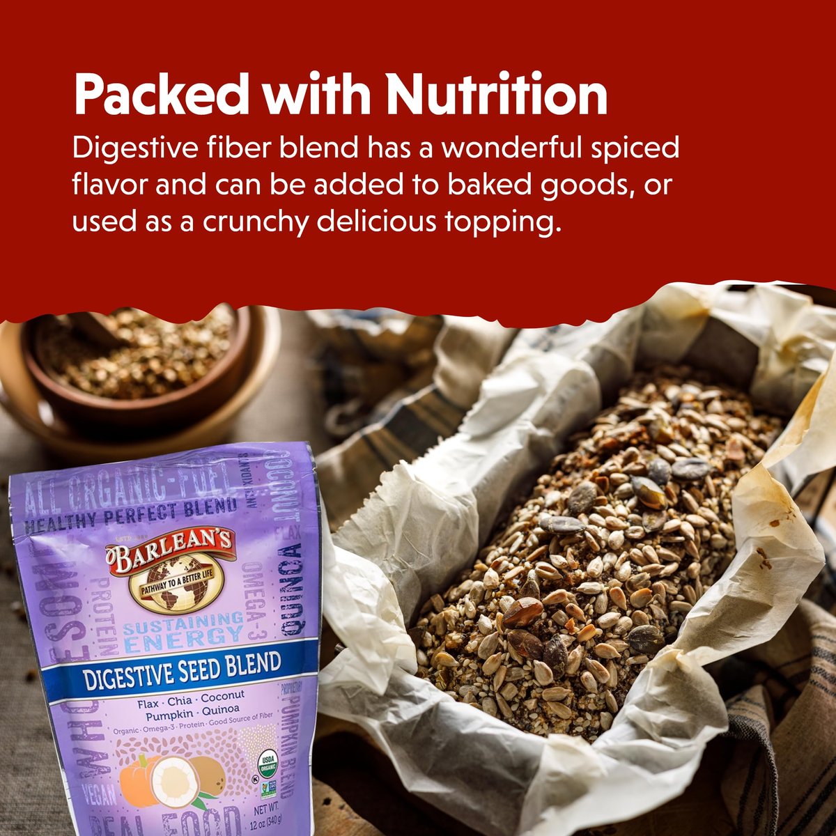 Barlean's Bio Organic Digestive Seed Blend Ballaststoffe mit Chia, gemahlenen Leinsamen, Kürbiskernen, Quinoa und Kokosnuss, reich an Omega-3 und Ballaststoffen, 340 g