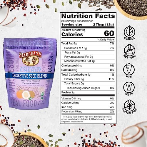 Barlean's Bio Organic Digestive Seed Blend Ballaststoffe mit Chia, gemahlenen Leinsamen, Kürbiskernen, Quinoa und Kokosnuss, reich an Omega-3 und Ballaststoffen, 340 g