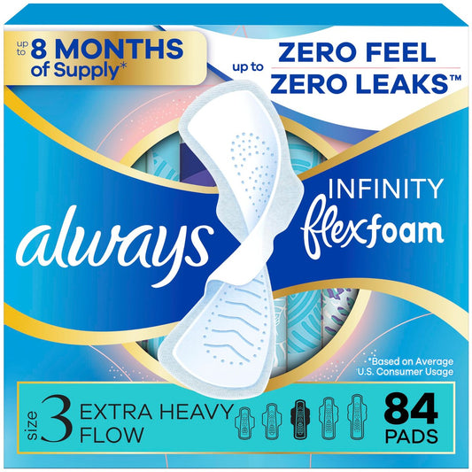 Always Infinity Damenbinden mit Flügeln, FlexFoam, Größe 3, Extra starke Saugfähigkeit, unparfümiert, 84 Stück (3 Packungen à 28)