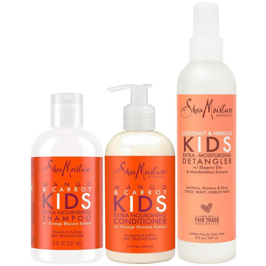 SheaMoisture Kids Mango & Karotten Shampoo und Conditioner Set mit Orangenblütenextrakt + Kokosnuss & Hibiskus Extra-Feuchtigkeitsspray für Kinder, Anti-Frizz Haarpflege
