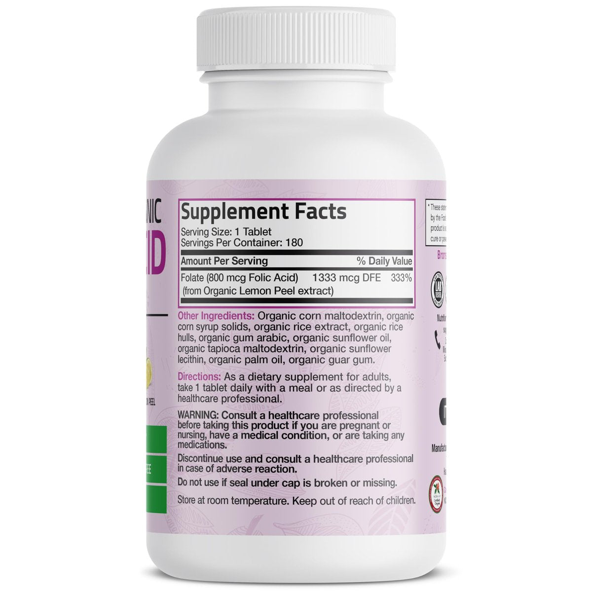 Bronson Organische Folsäure (Vitamin B9 Folat) 800 mcg aus Zitronenschale, 180 Tabletten