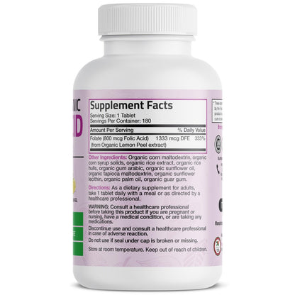 Bronson Organische Folsäure (Vitamin B9 Folat) 800 mcg aus Zitronenschale, 180 Tabletten