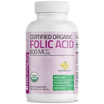 Bronson Organische Folsäure (Vitamin B9 Folat) 800 mcg aus Zitronenschale, 180 Tabletten