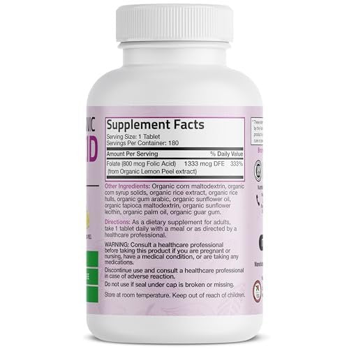 Bronson Organische Folsäure (Vitamin B9 Folat) 800 mcg aus Zitronenschale, 180 Tabletten