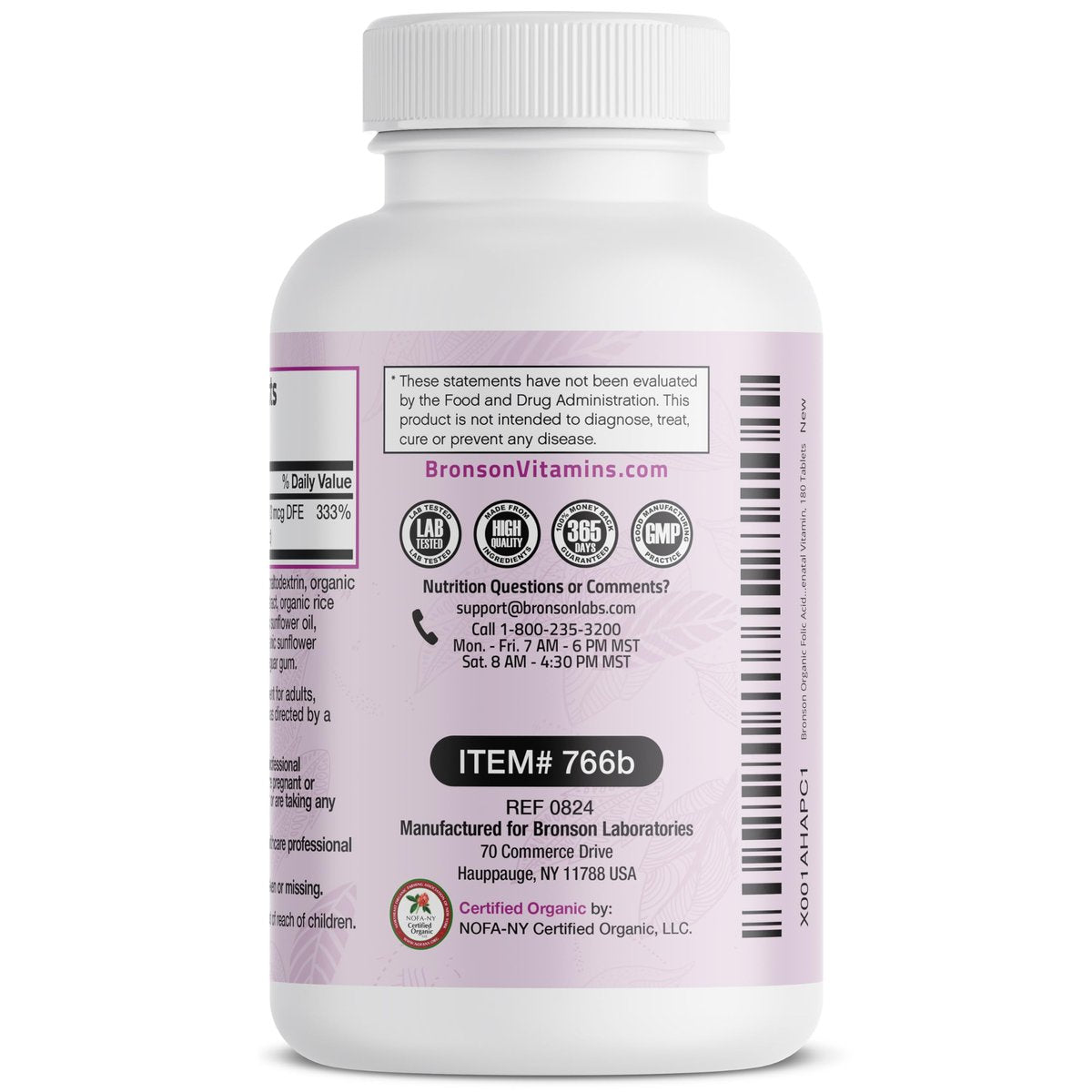 Bronson Organische Folsäure (Vitamin B9 Folat) 800 mcg aus Zitronenschale, 180 Tabletten