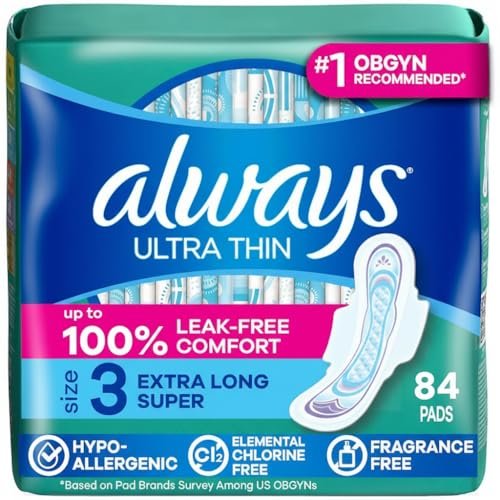 Always Ultra Thin Damenbinden mit Flügeln, Größe 3, Extra Lang, Saugstärke Super, Duftneutral, bis zu 100% auslaufsicherer Schutz, 84 Stück