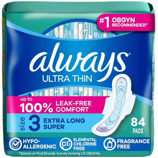 Always Ultra Thin Damenbinden mit Flügeln, Größe 3, Extra Lang, Saugstärke Super, Duftneutral, bis zu 100% auslaufsicherer Schutz, 84 Stück