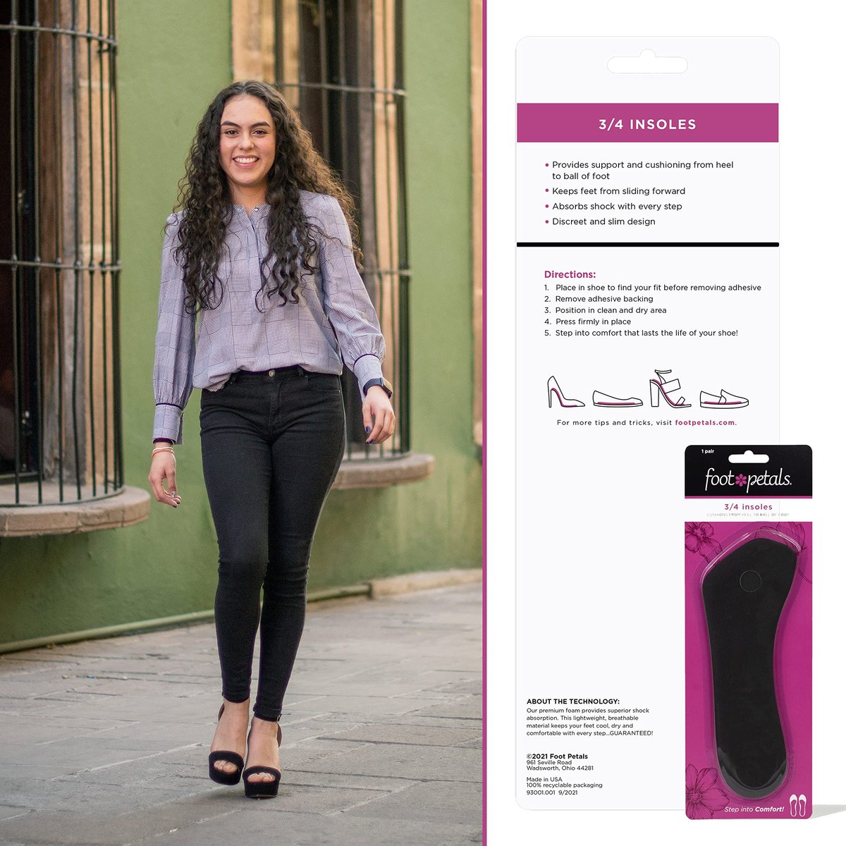 Foot Petals 3/4 Einlegesohlen – Verhindert das Vorrutschen der Füße, Druckstellen und Schwielen – Für Damen Absätze, Keile, Sandalen – Schwarz, 1 Paar