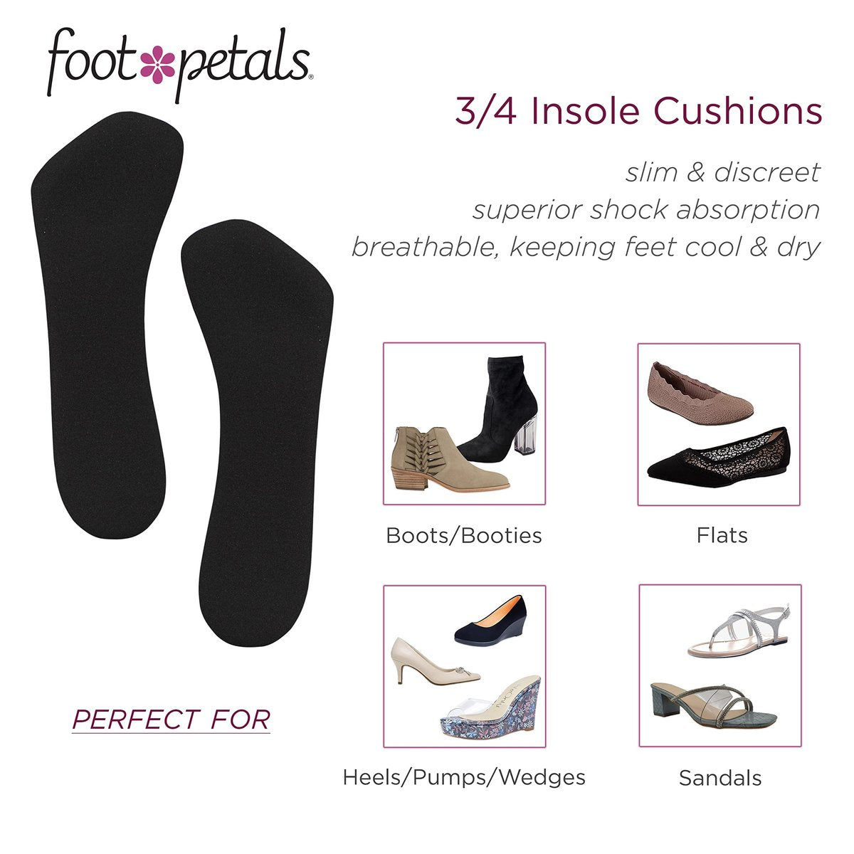 Foot Petals 3/4 Einlegesohlen – Verhindert das Vorrutschen der Füße, Druckstellen und Schwielen – Für Damen Absätze, Keile, Sandalen – Schwarz, 1 Paar