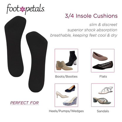 Foot Petals 3/4 Einlegesohlen – Verhindert das Vorrutschen der Füße, Druckstellen und Schwielen – Für Damen Absätze, Keile, Sandalen – Schwarz, 1 Paar