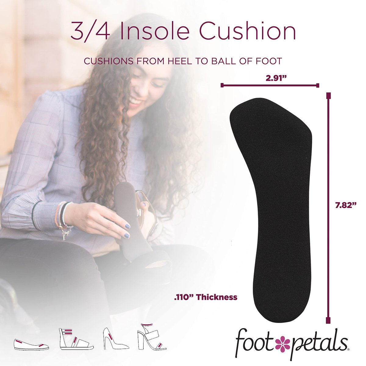 Foot Petals 3/4 Einlegesohlen – Verhindert das Vorrutschen der Füße, Druckstellen und Schwielen – Für Damen Absätze, Keile, Sandalen – Schwarz, 1 Paar