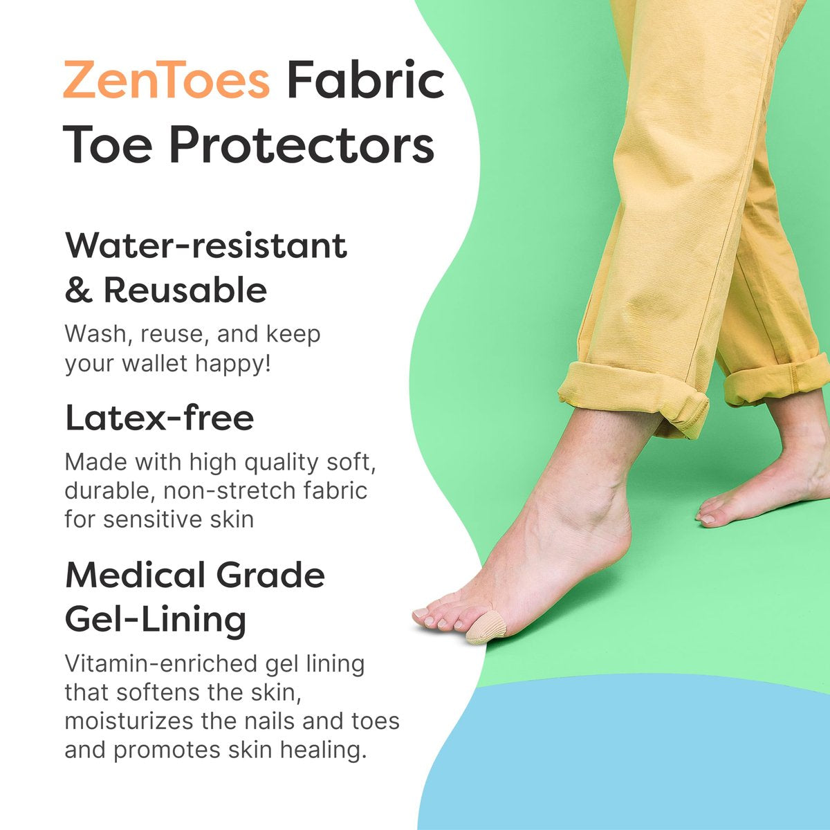 ZenToes Stoff-Zehenprotektoren | Fördert Hautfeuchtigkeit & Blasenprävention | Medizinisches Gel-Futter | Waschbar & Wiederverwendbar | Linderung von Hühneraugen, Hornhaut & eingewachsenen Zehennägeln zwischen den Zehen | Groß, 5er-Pack