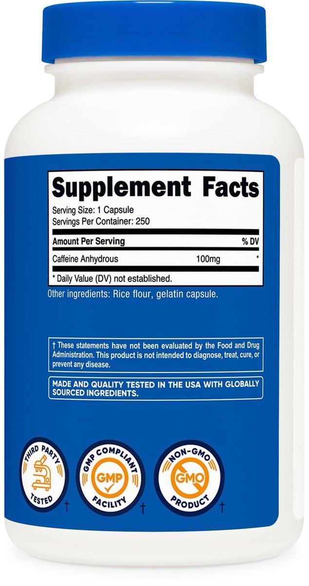 Nutricost Koffeinkapseln 100 mg pro Portion, 250 Kapseln – reines Koffein für Energie und Fokus