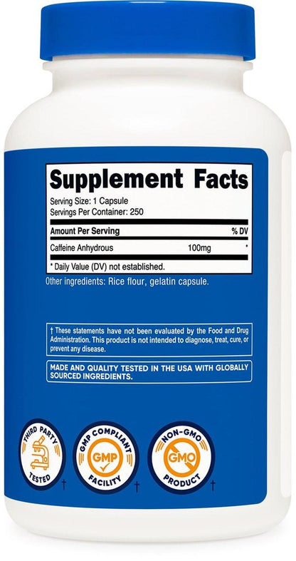 Nutricost Koffeinkapseln 100 mg pro Portion, 250 Kapseln – reines Koffein für Energie und Fokus