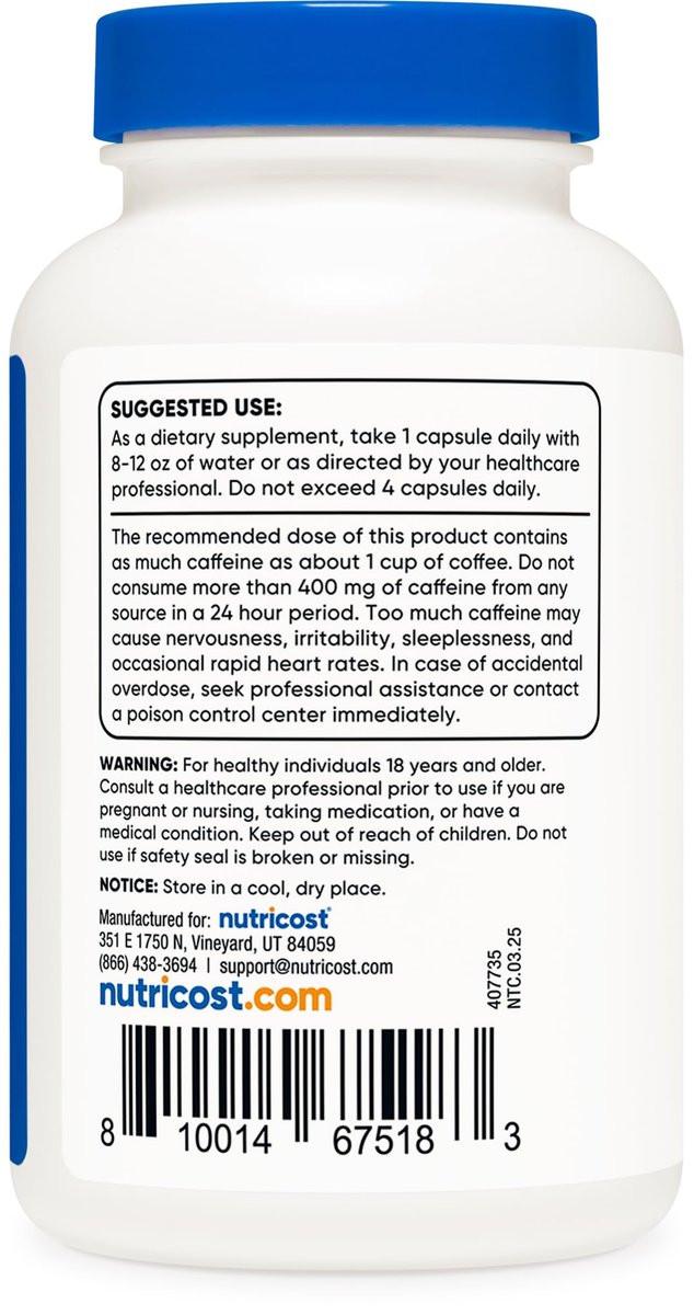 Nutricost Koffeinkapseln 100 mg pro Portion, 250 Kapseln – reines Koffein für Energie und Fokus