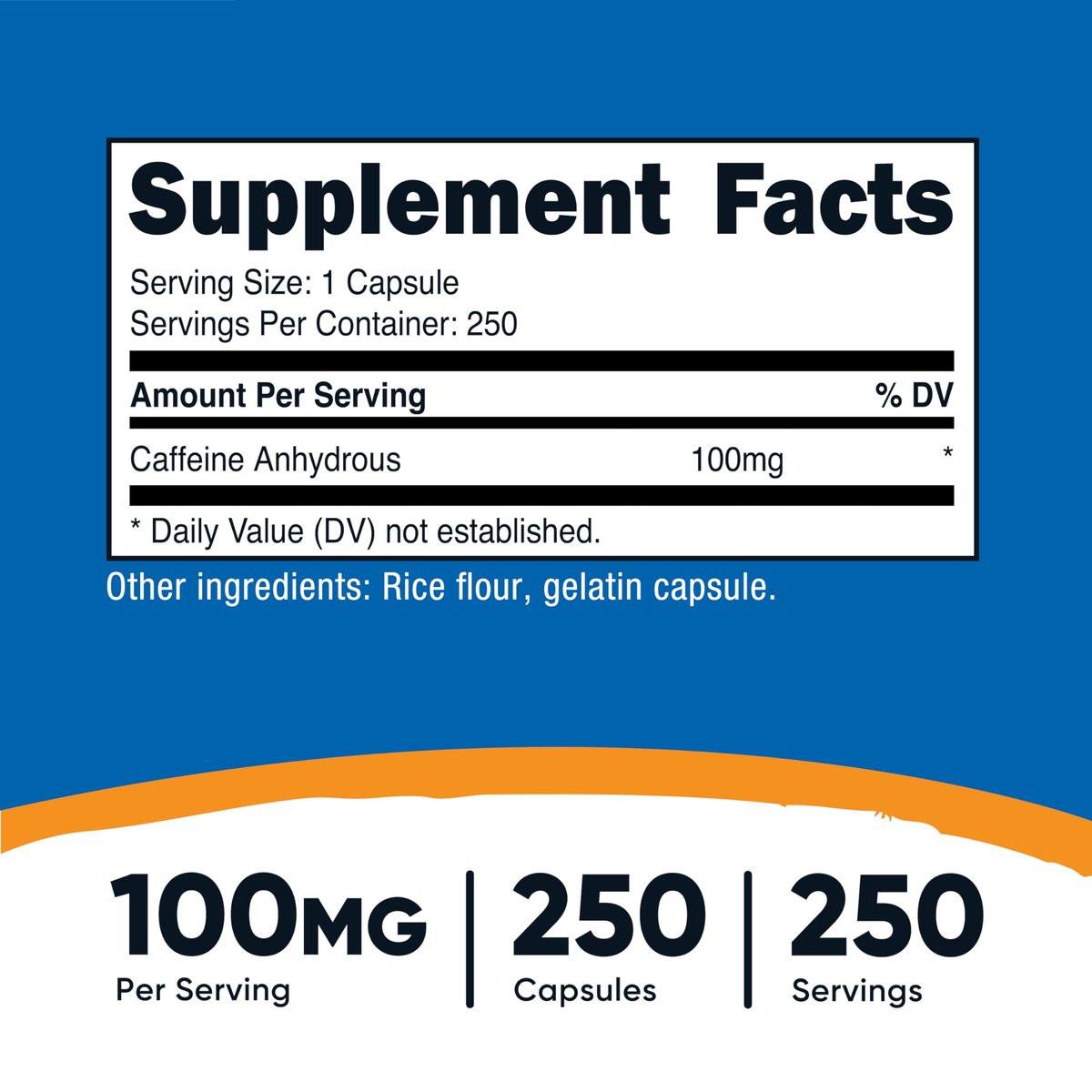 Nutricost Koffeinkapseln 100 mg pro Portion, 250 Kapseln – reines Koffein für Energie und Fokus