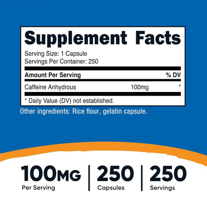 Nutricost Koffeinkapseln 100 mg pro Portion, 250 Kapseln – reines Koffein für Energie und Fokus