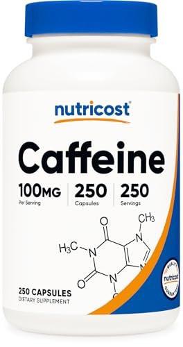 Nutricost Koffeinkapseln 100 mg pro Portion, 250 Kapseln – reines Koffein für Energie und Fokus
