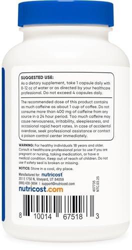 Nutricost Koffeinkapseln 100 mg pro Portion, 250 Kapseln – reines Koffein für Energie und Fokus