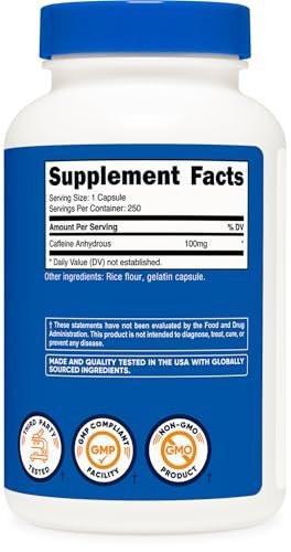 Nutricost Koffeinkapseln 100 mg pro Portion, 250 Kapseln – reines Koffein für Energie und Fokus