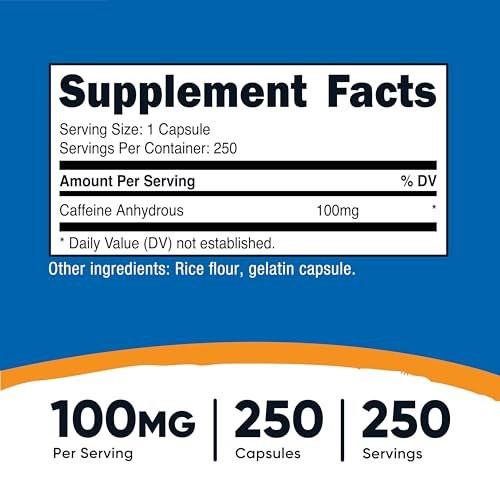 Nutricost Koffeinkapseln 100 mg pro Portion, 250 Kapseln – reines Koffein für Energie und Fokus
