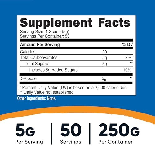 Nutricost D-Ribose Pulver (250 Gramm) - Reines D-Ribose für Energie & Erholung