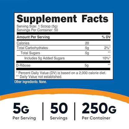 Nutricost D-Ribose Pulver (250 Gramm) - Reines D-Ribose für Energie & Erholung