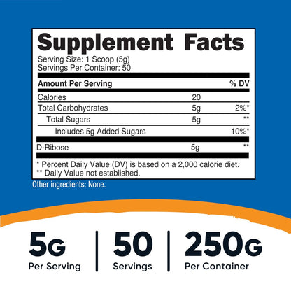 Nutricost D-Ribose Pulver (250 Gramm) - Reines D-Ribose für Energie & Erholung