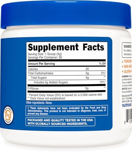 Nutricost D-Ribose Pulver (250 Gramm) - Reines D-Ribose für Energie & Erholung
