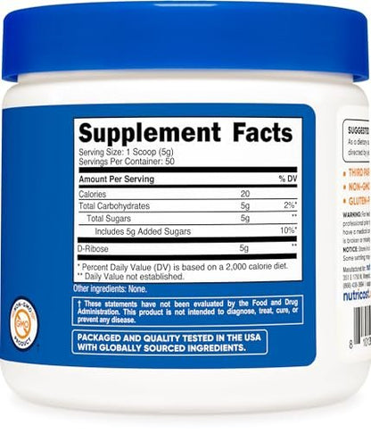 Nutricost D-Ribose Pulver (250 Gramm) - Reines D-Ribose für Energie & Erholung