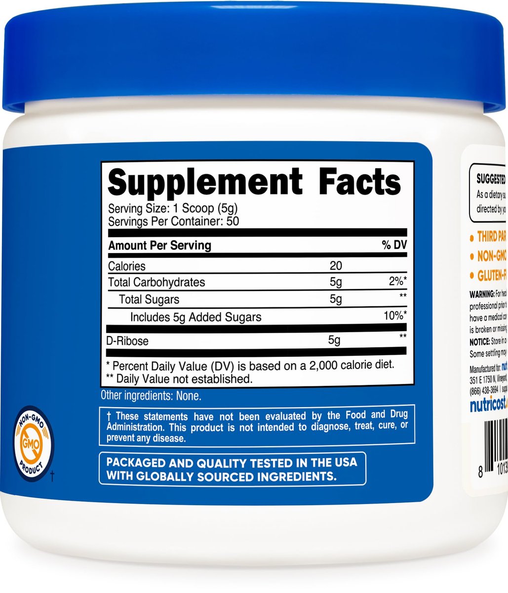 Nutricost D-Ribose Pulver (250 Gramm) - Reines D-Ribose für Energie & Erholung