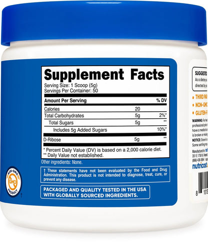Nutricost D-Ribose Pulver (250 Gramm) - Reines D-Ribose für Energie & Erholung