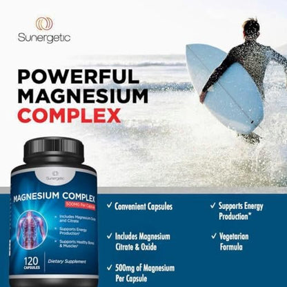 Premium Magnesiumcitrat Kapseln – 500 mg Magnesiumoxid & Citrat – Unterstützt gesunde Knochen, Muskeln, Zähne, Energie & Entspannung – 120 vegane Kapseln